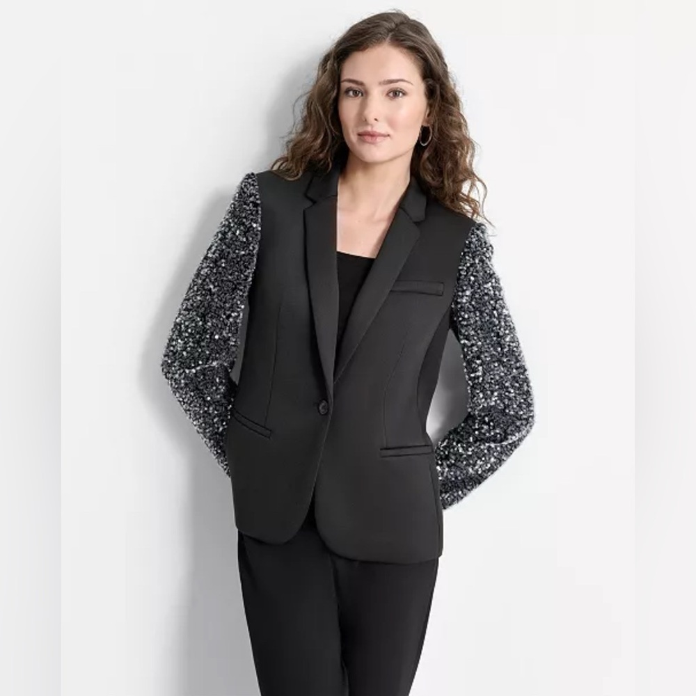 DKNY Sequinned-Sleeve Blazer Size 10 Black Single Button New With Tag